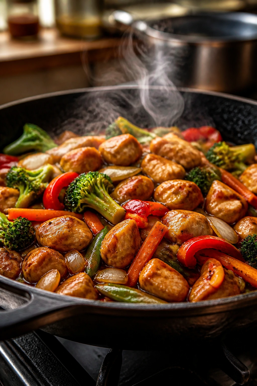 Close-up of glossy chicken stir-fry with crisp vegetables in a skillet on a stove