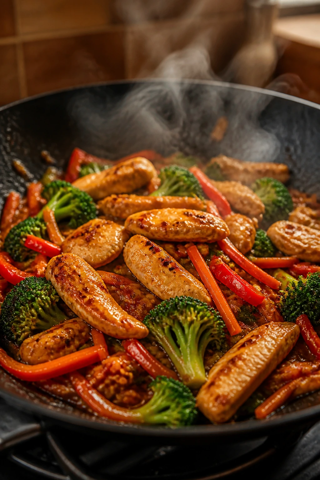 Close-up of spicy stir-fry with chicken and crisp vegetables in glossy sauce sizzling in a hot skillet.