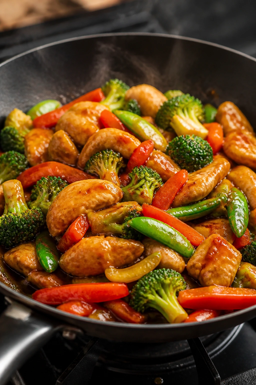 Close-up of a glossy stir-fry in a pan with chicken and colorful vegetables, ready to serve.