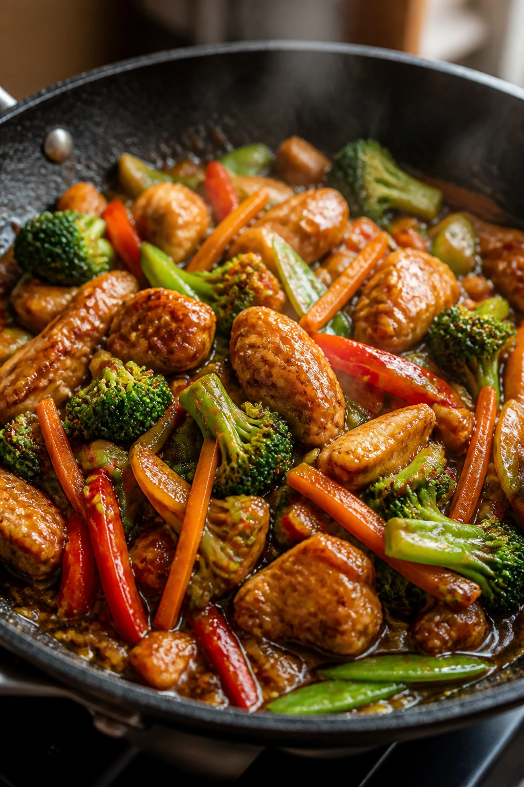Close-up of chicken and vegetables cooking in a pan with glossy sauce.