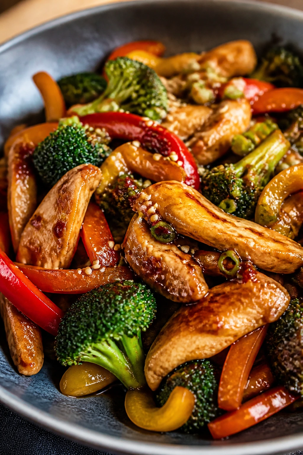 Finished stir-fry plated with chicken and vegetables in glossy sauce.