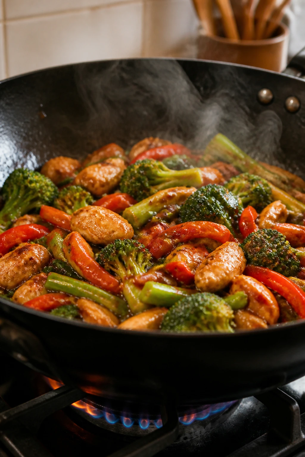 Finished stir-fry in a skillet with a warm kitchen backdrop.