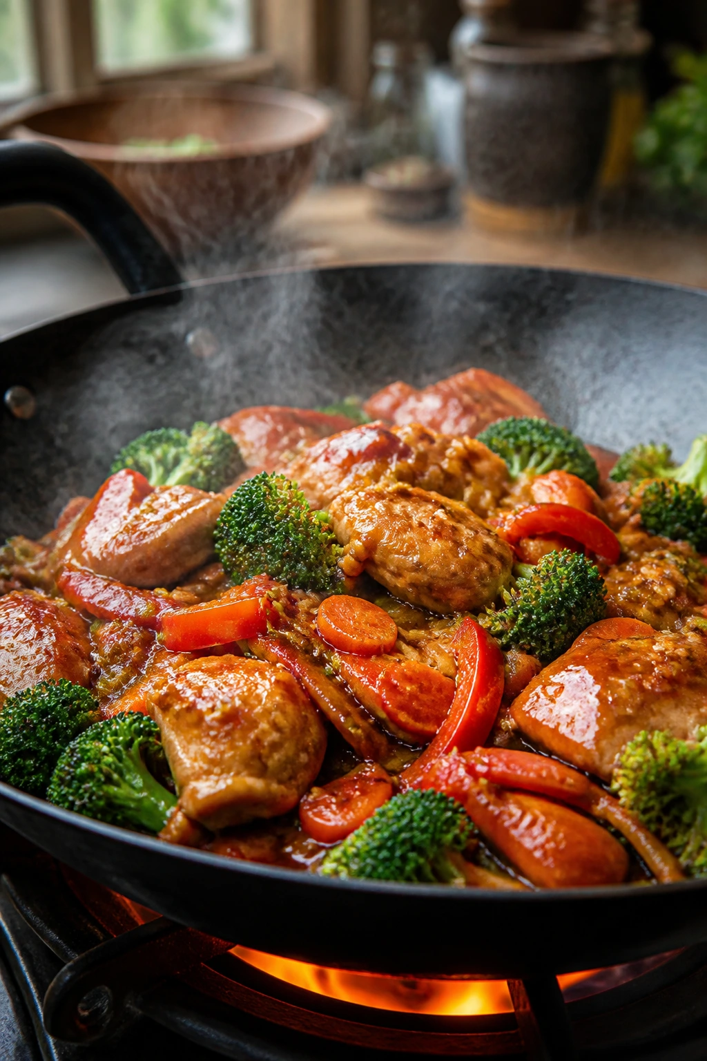 Stir-fry close-up with chicken and vegetables in a hot wok