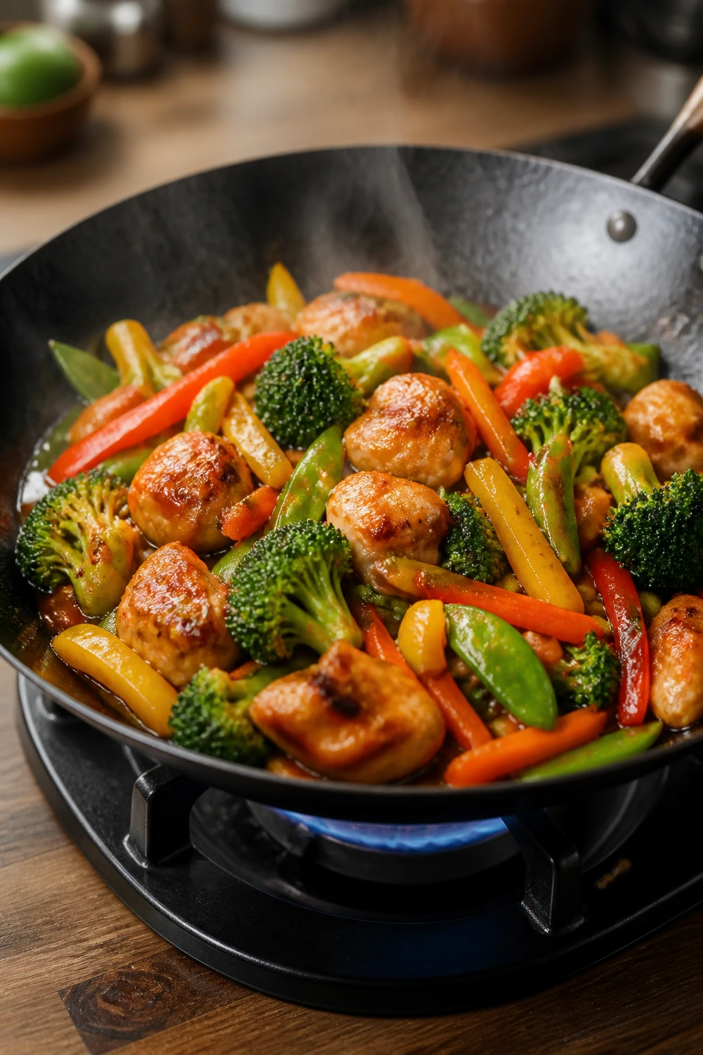 Bright stir-fry with chicken and colorful vegetables in a hot wok