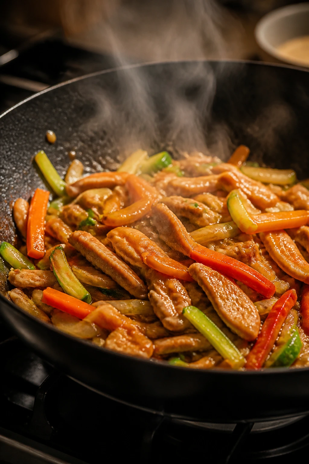 Close up of stir-fries in a wok with chicken and vegetables in glossy sauce