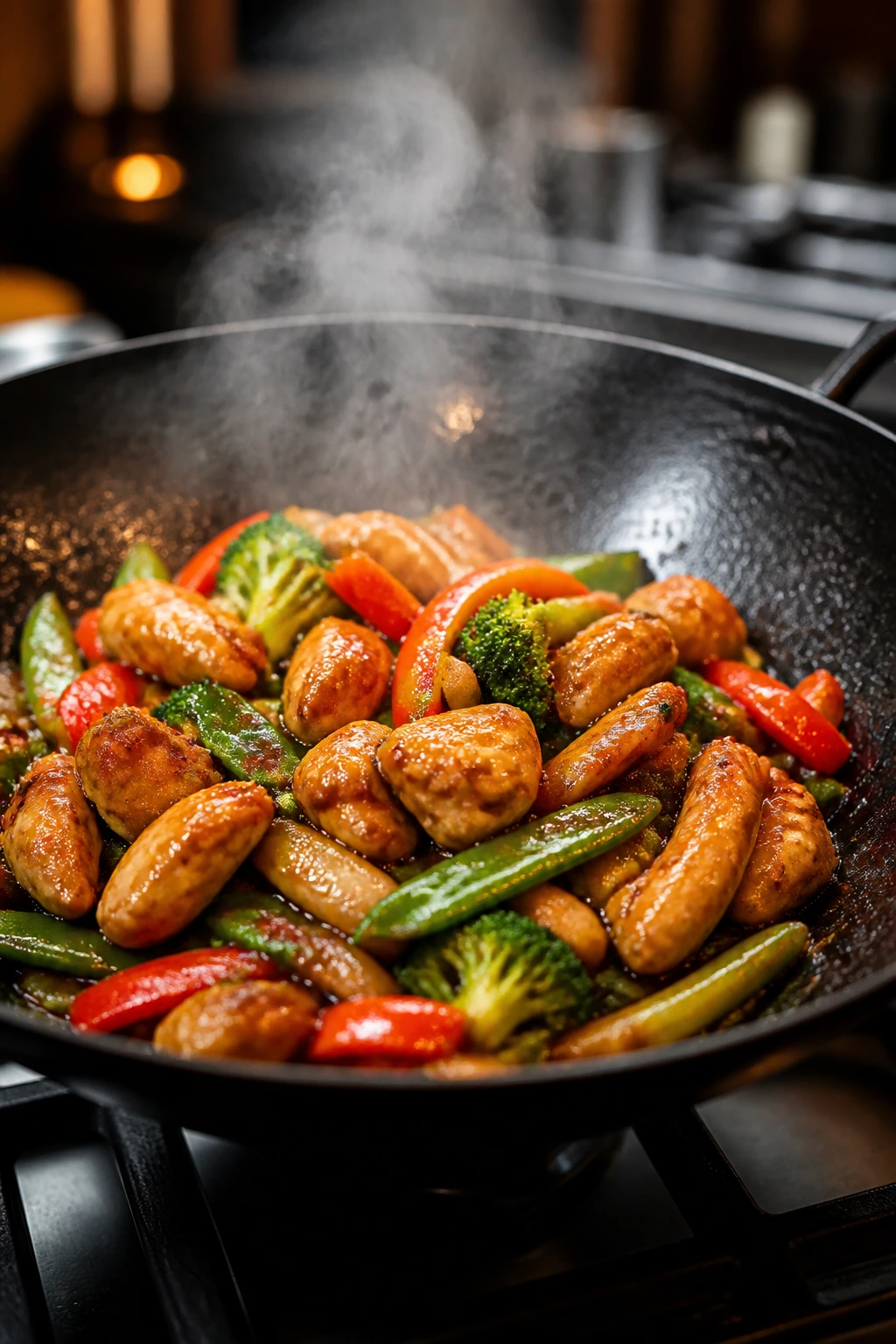 Close-up of sizzling wok with glossy chicken and colorful vegetables in stir-fry glaze on stove