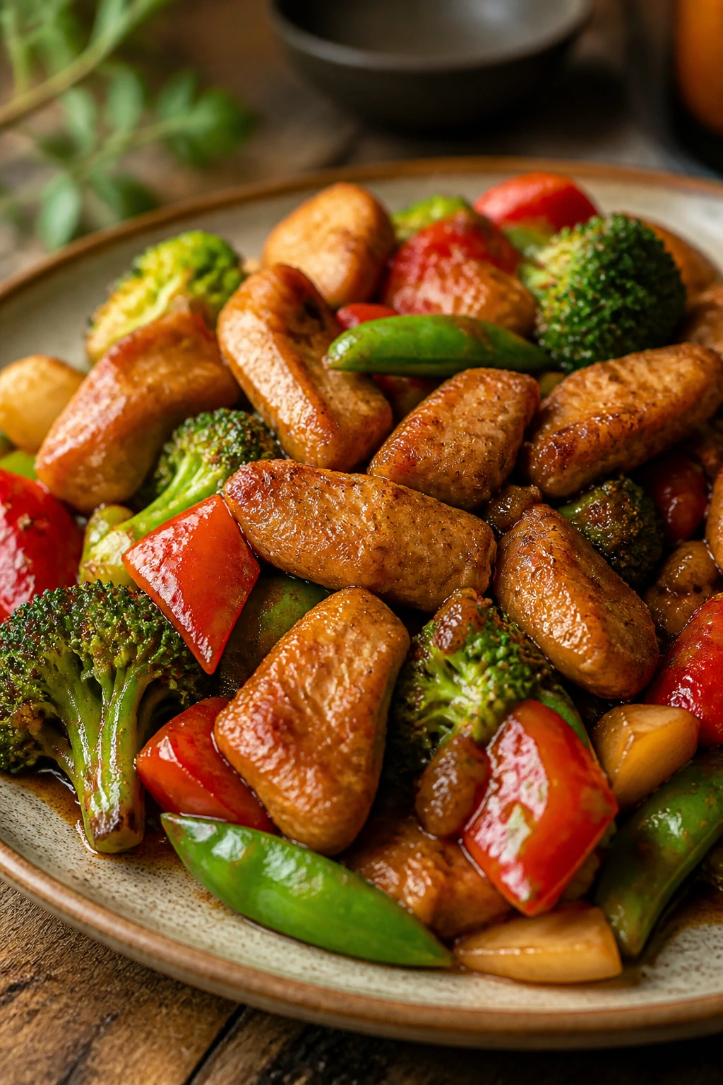 Close-up plate of crispy stir-fry with chicken and vegetables in glossy sauce