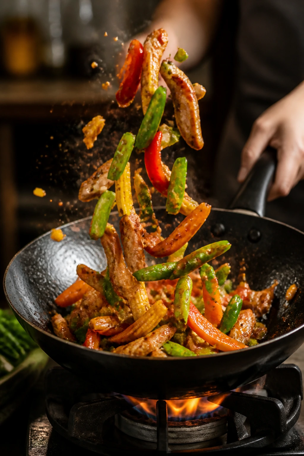 Wok with crisp stir-fry vegetables and protein cooking at high heat.
