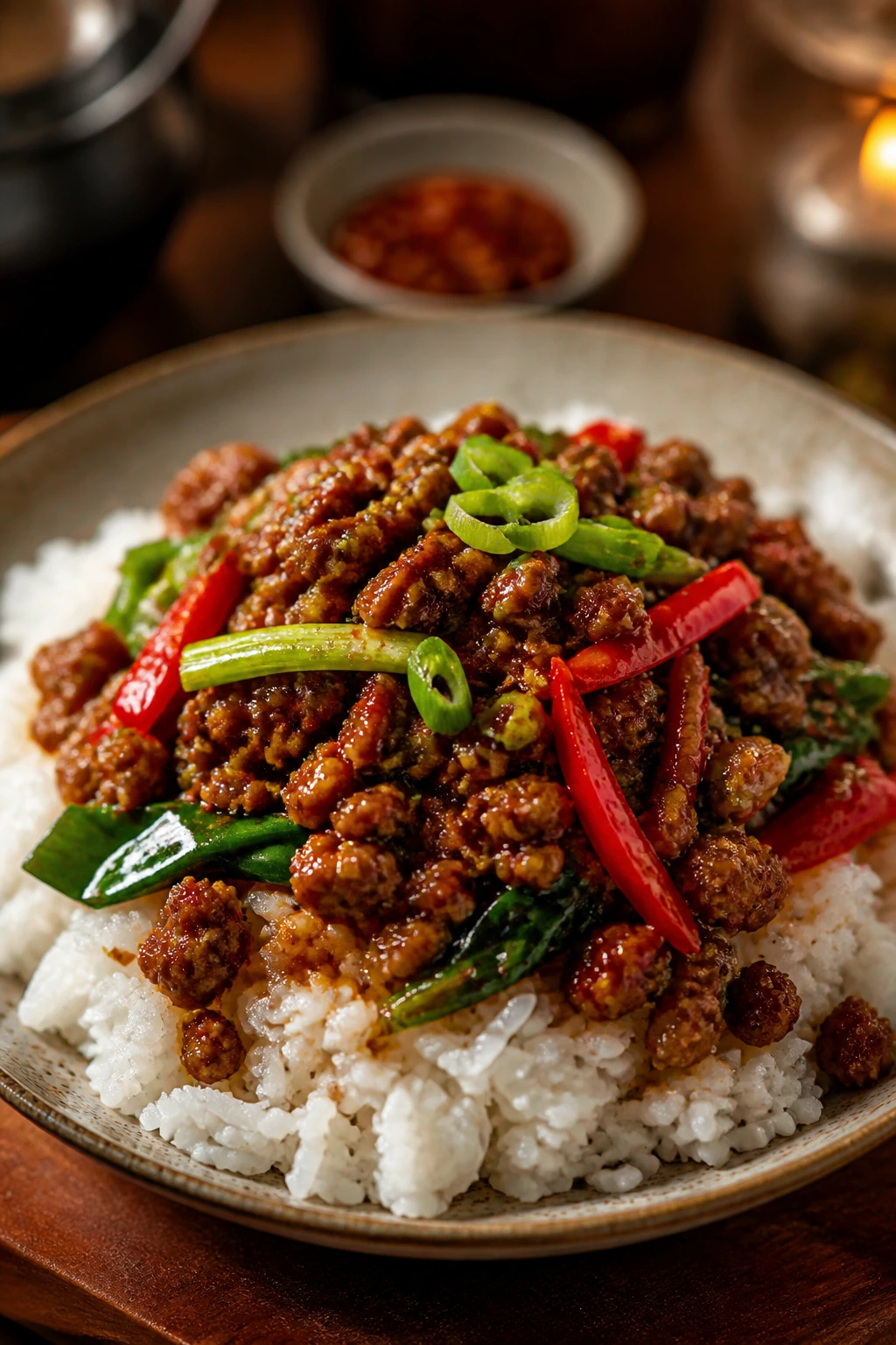 Plate of stir fry over rice with glossy sauce