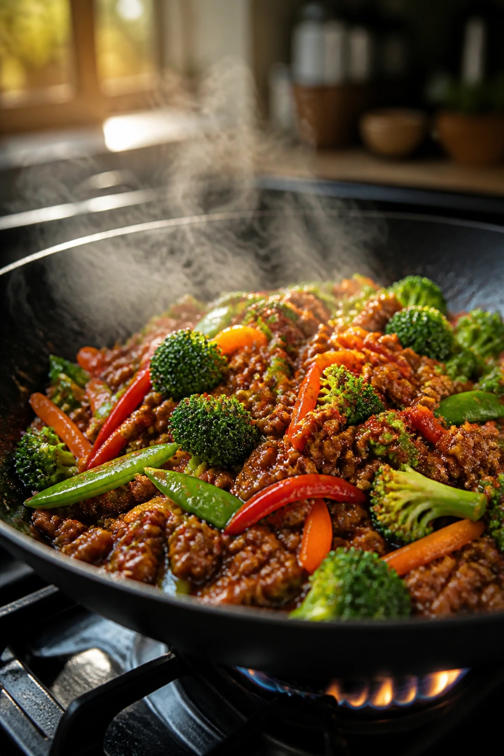 Close-up of glossy stir fry with beef and vegetables in a wok