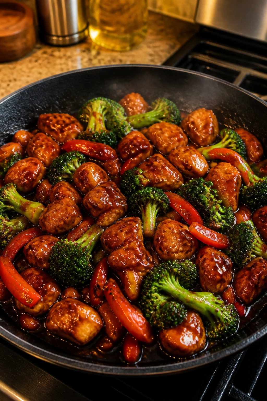 Glossy sticky chicken stir fry with crisp vegetables in a kitchen