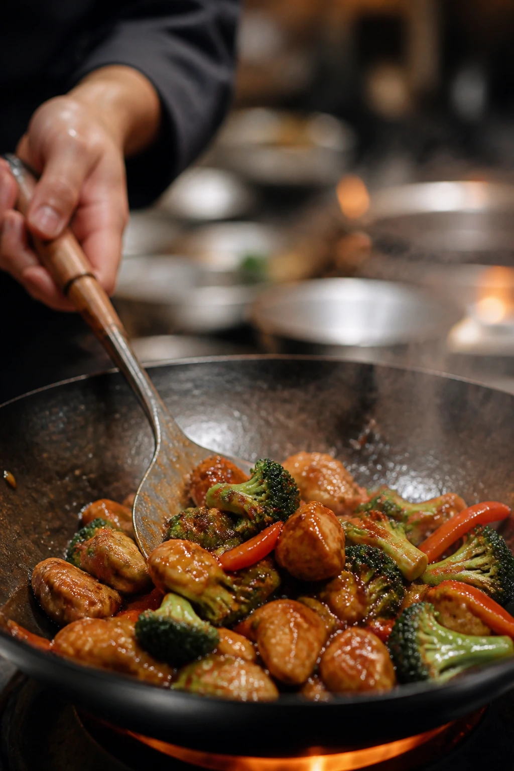 Chef's hand stirring a sizzling wok with glossy glaze