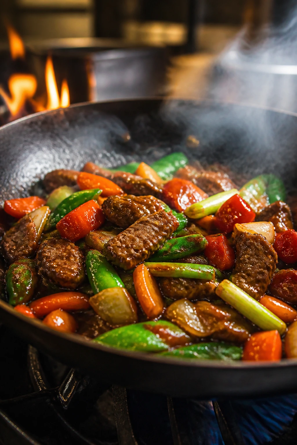 Close-up of glossy stir-fry in a hot skillet with colorful vegetables and meat