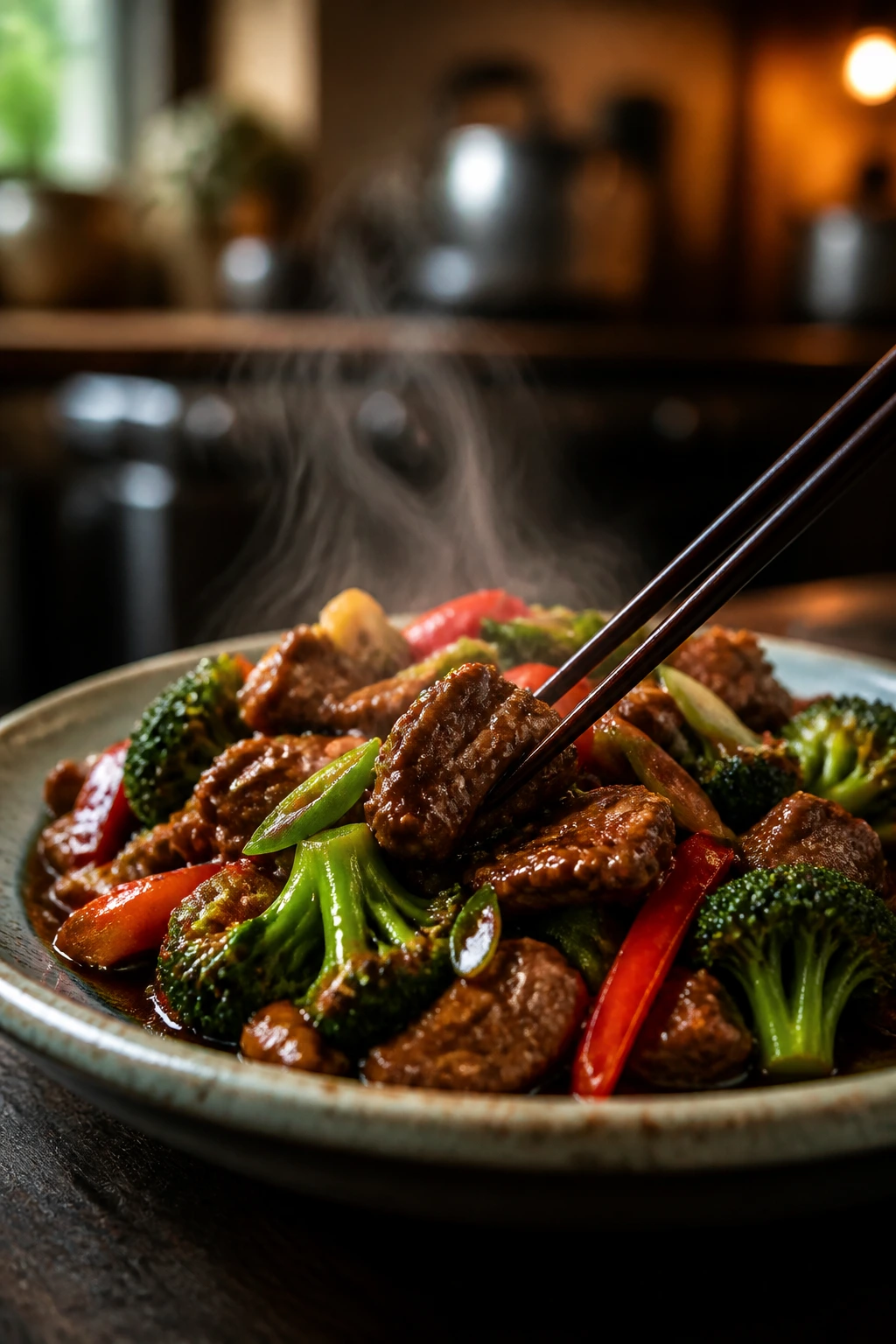 Plate of glossy stir-fry in a cozy kitchen