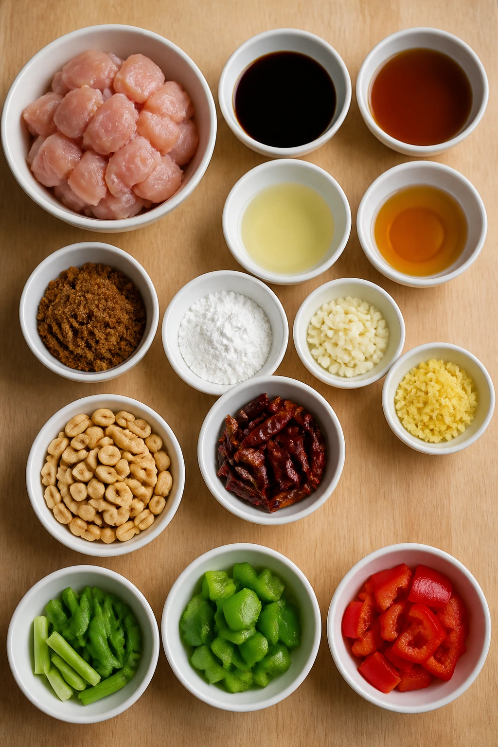 Top-down view of stir-fry ingredients arranged in bowls