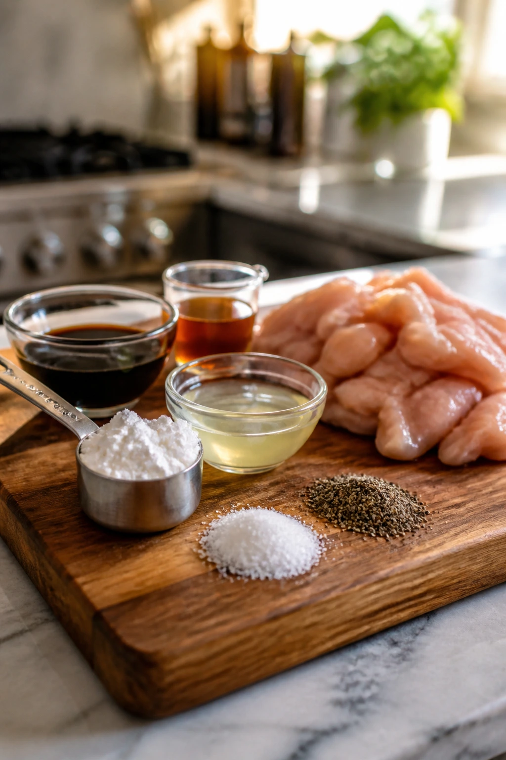 Raw stir-fry ingredients arranged on wooden board