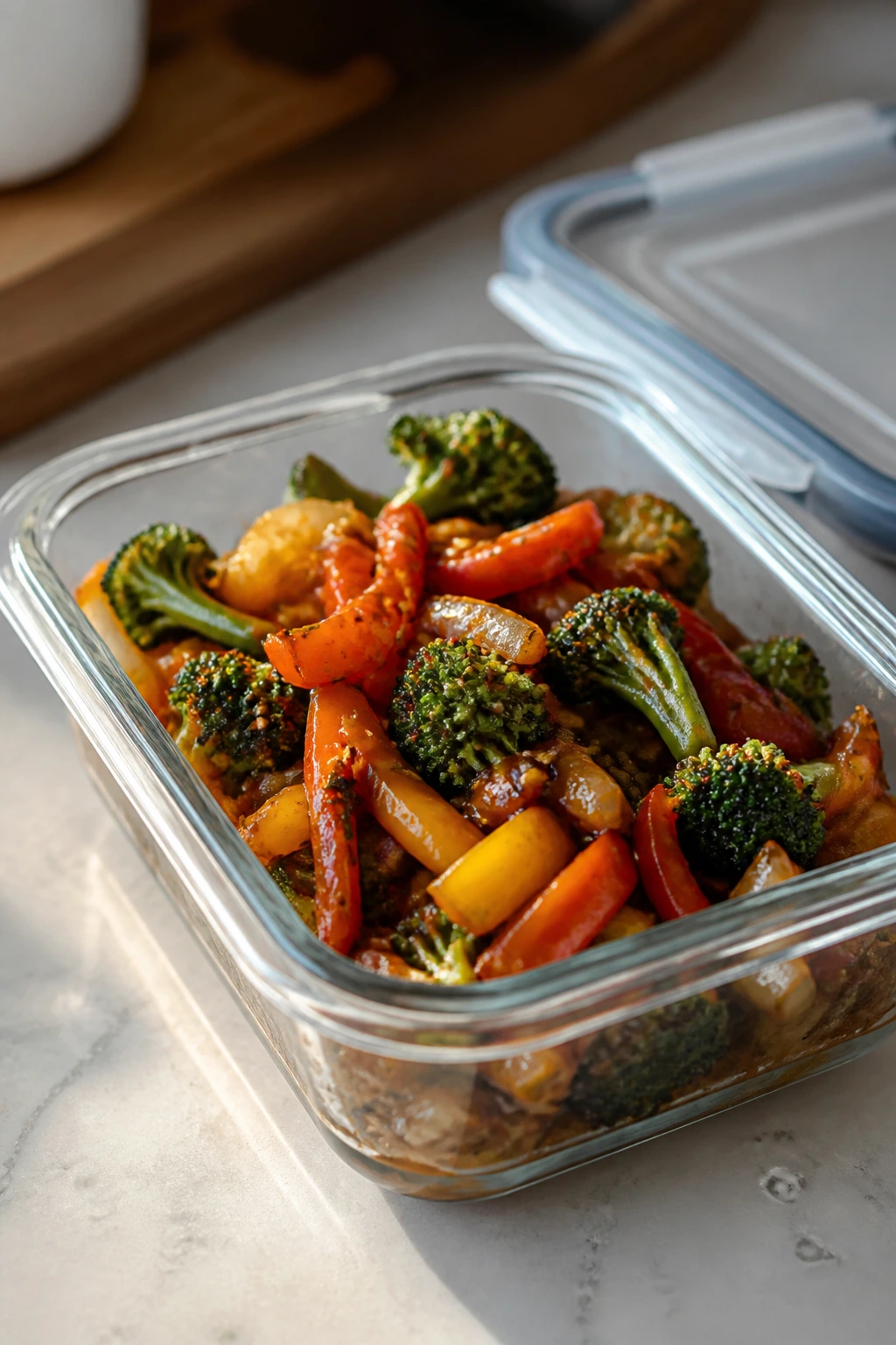 Leftovers in an airtight container with vibrant stir-fry