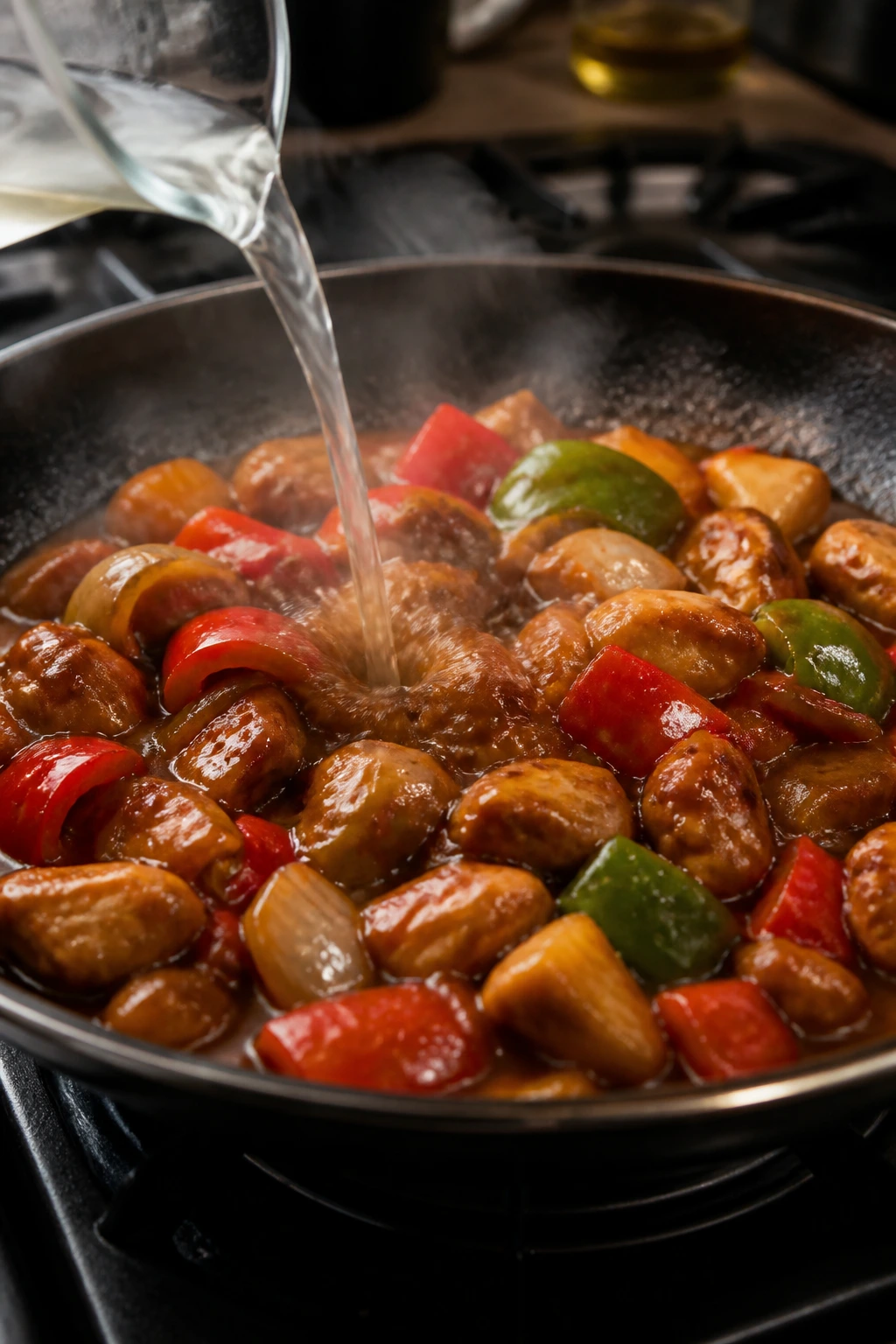 Leftover stir fry reheating in a skillet with glossy sauce
