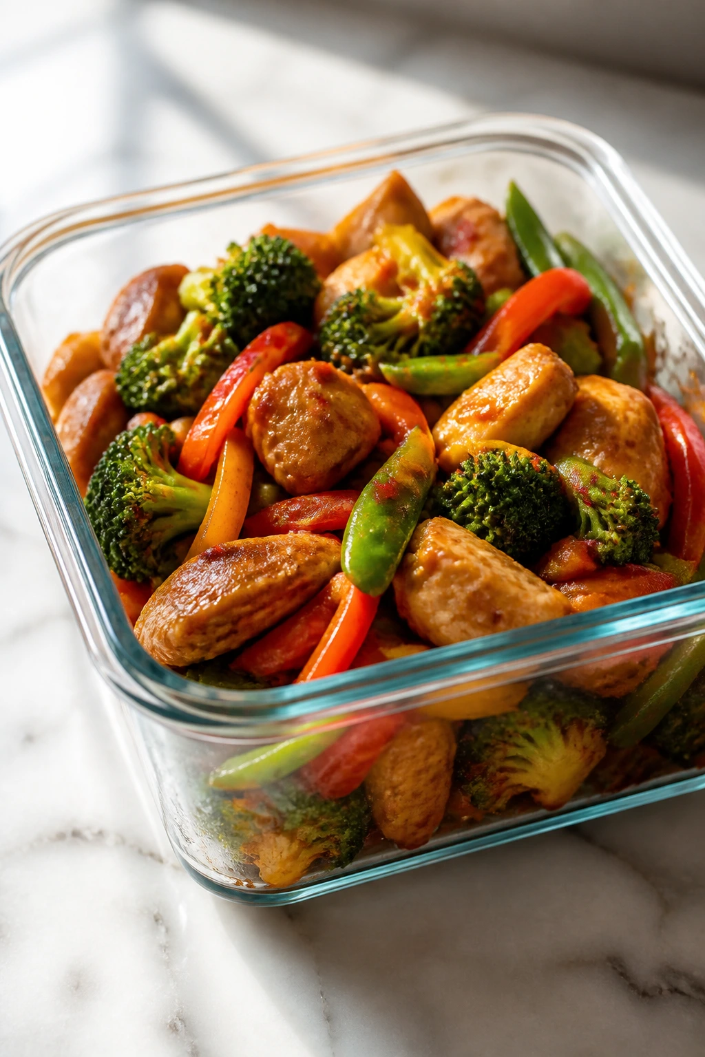 Stir fry stored in a clear airtight container on kitchen counter