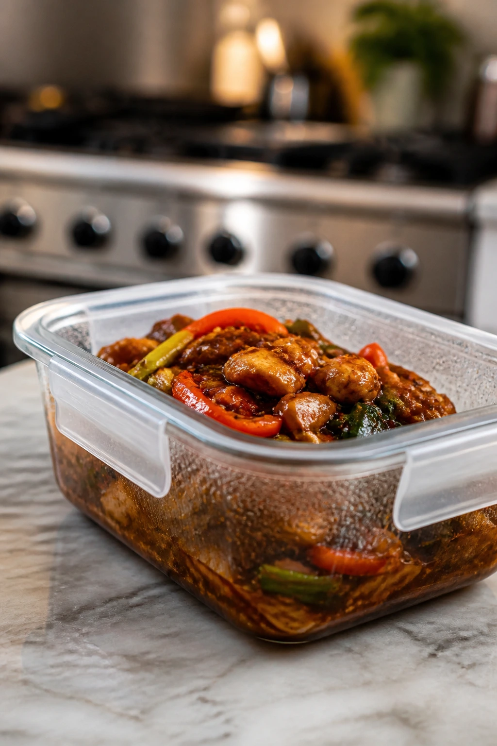 Leftover stir-fry in a glass storage container on a kitchen counter