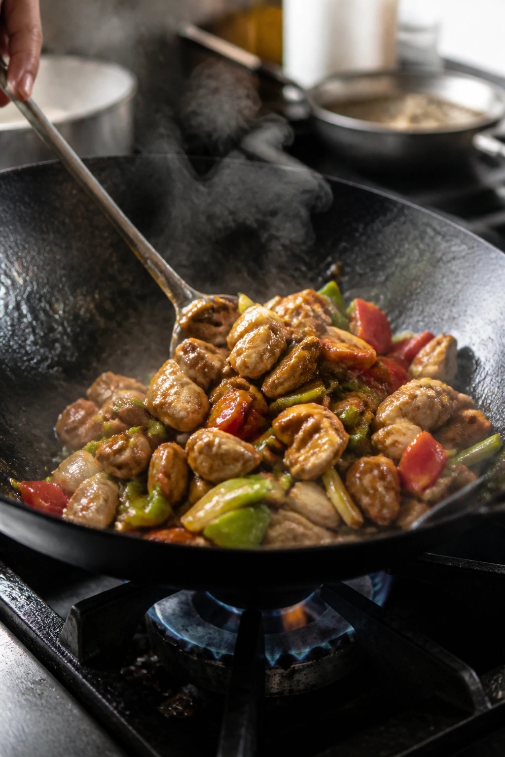 Stir-fry in a hot wok with chicken and vegetables mid-cook