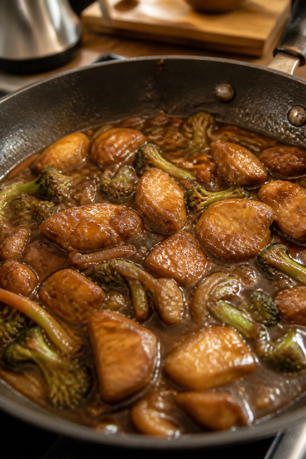 Skillet with crowded chicken and pooling sauce turning soggy
