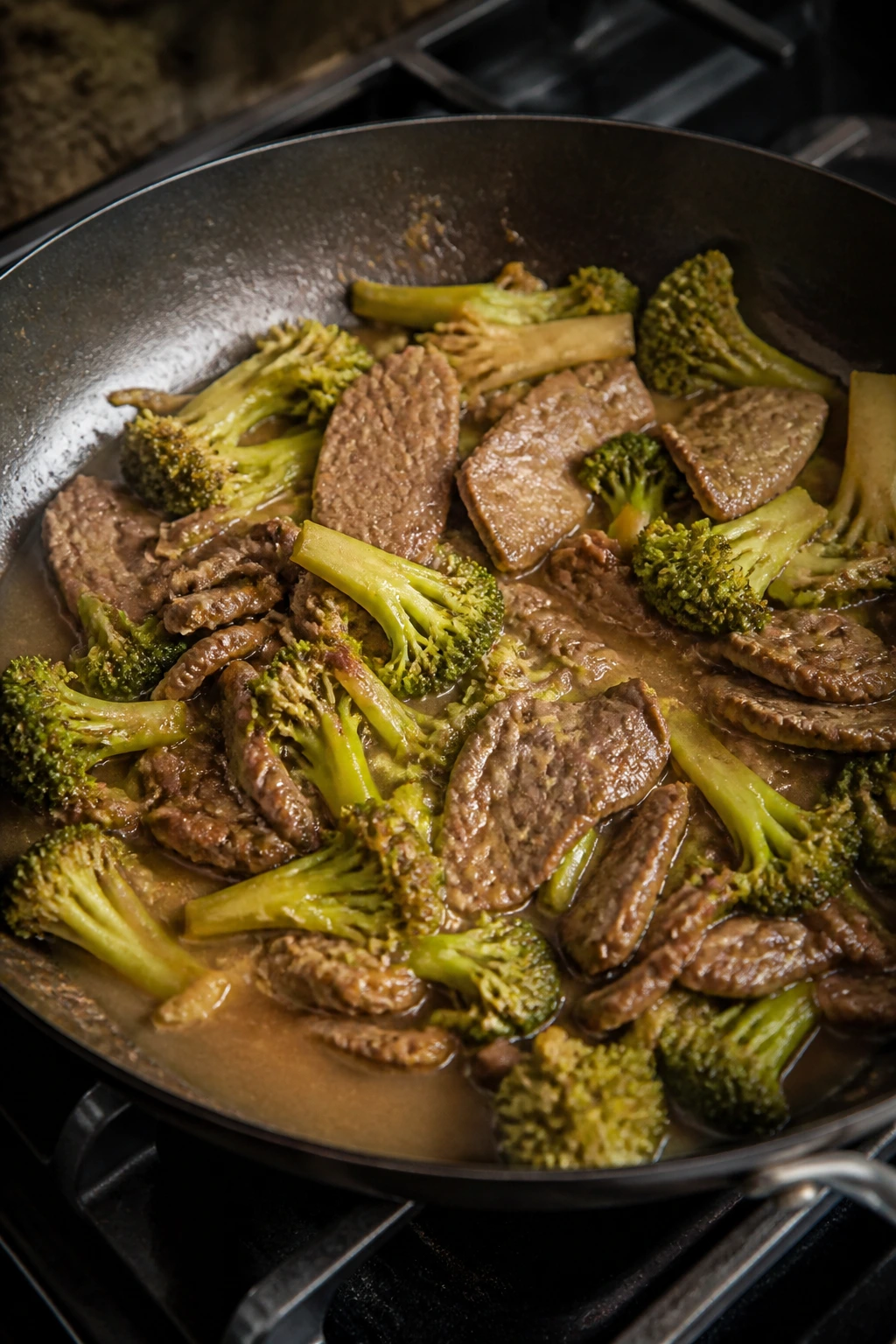 Skillet showing common stir-fry mistakes: undercooked broccoli and uneven beef browning