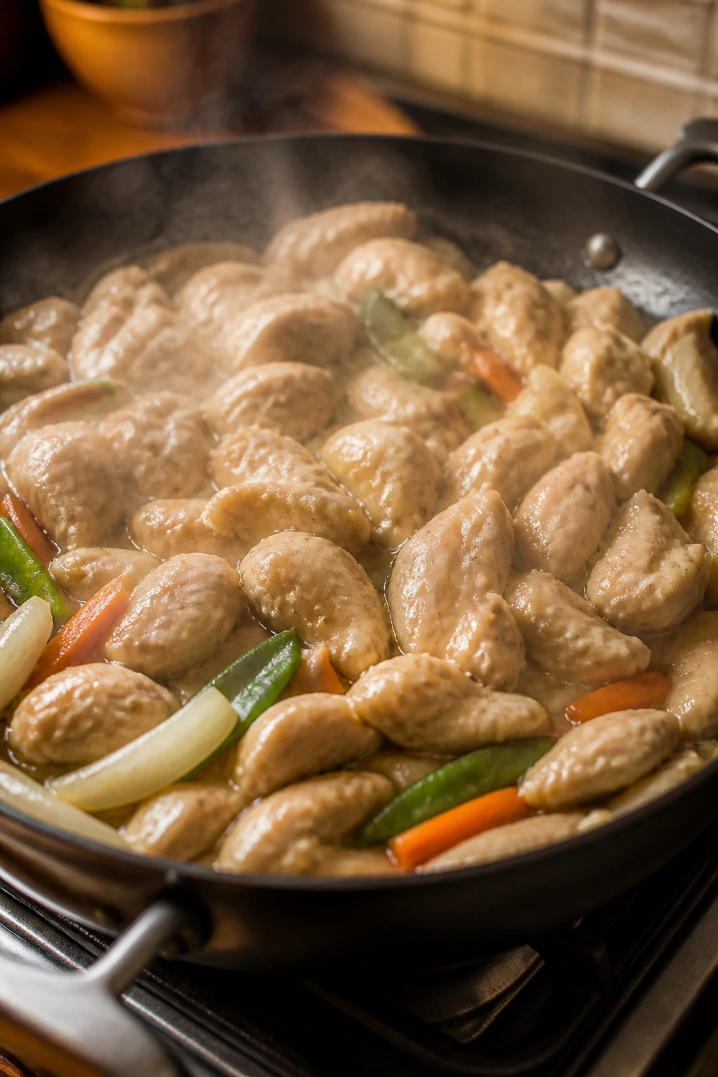 Pan with crowded chicken and underdone vegetables illustrating stir-fry mistakes