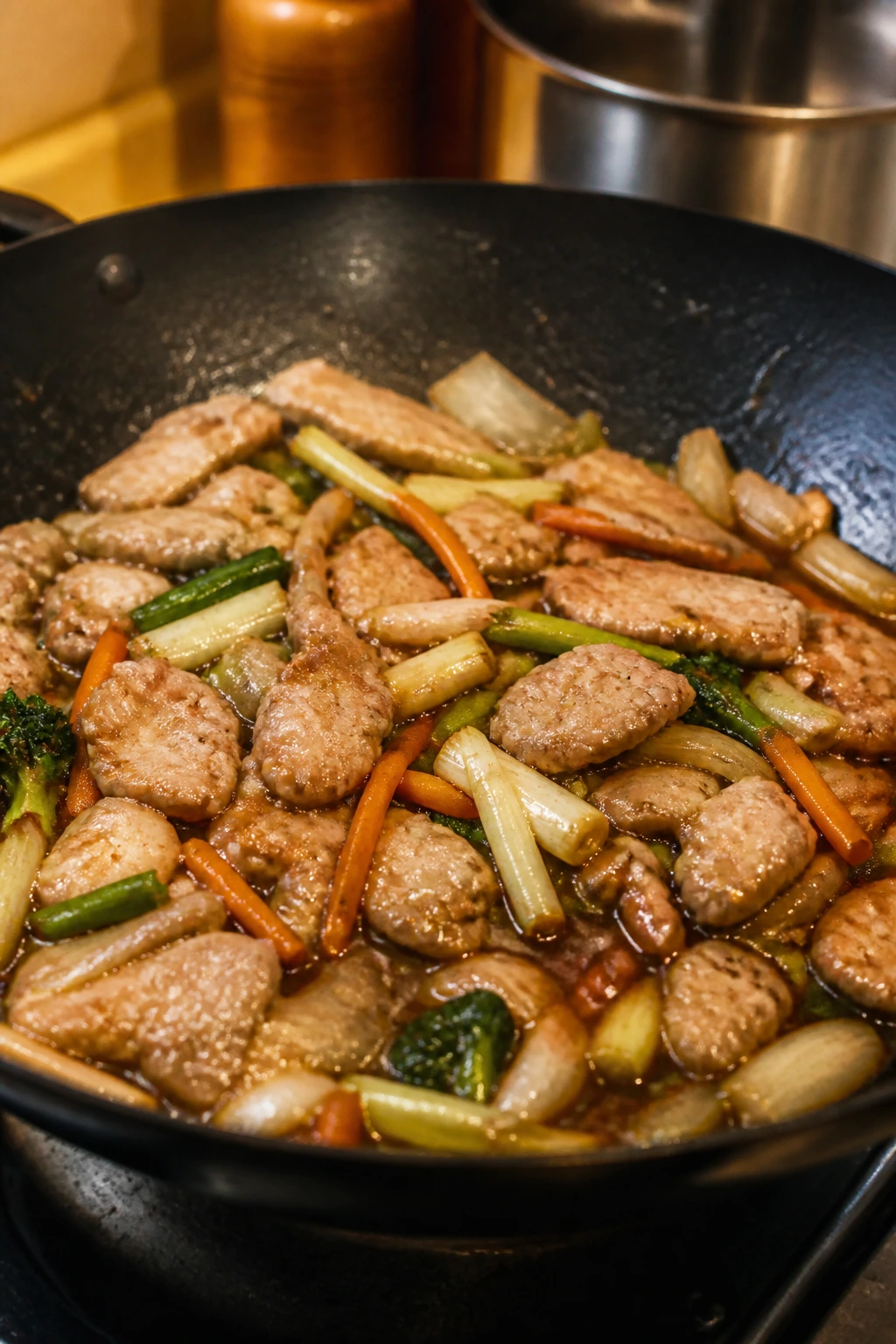 Pan showing overcrowded ingredients and pale browning in a kitchen