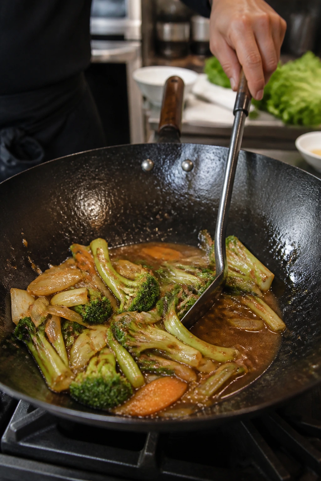 Wok with soggy vegetables and pooling sauce indicating a stir-fry mistake