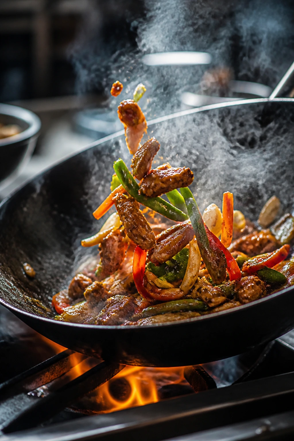 Dynamic wok with moving ingredients showing quick-dinner stir-fry concept.