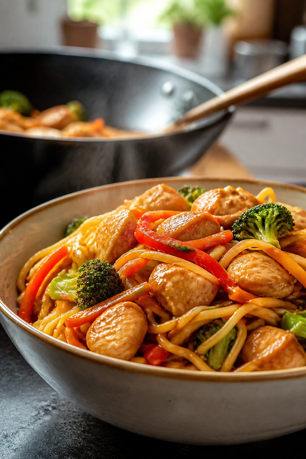 Close-up of a stir-fry noodle bowl with colorful vegetables