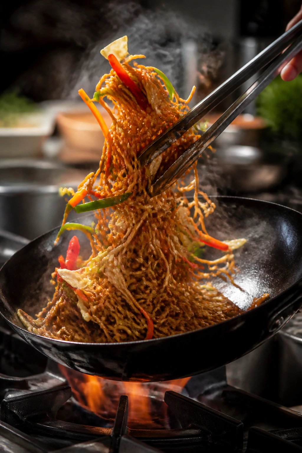 Noodles tossed in a sizzling wok, glossy sauce