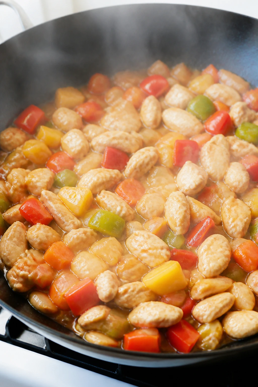Crowded stir fry in a pan with vegetables and chicken, lacking browning