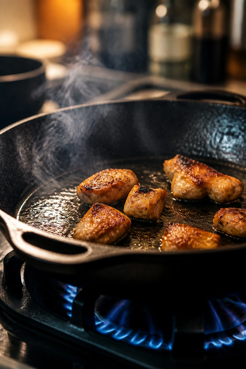 Close-up of a hot skillet with browning chicken on a kitchen stove