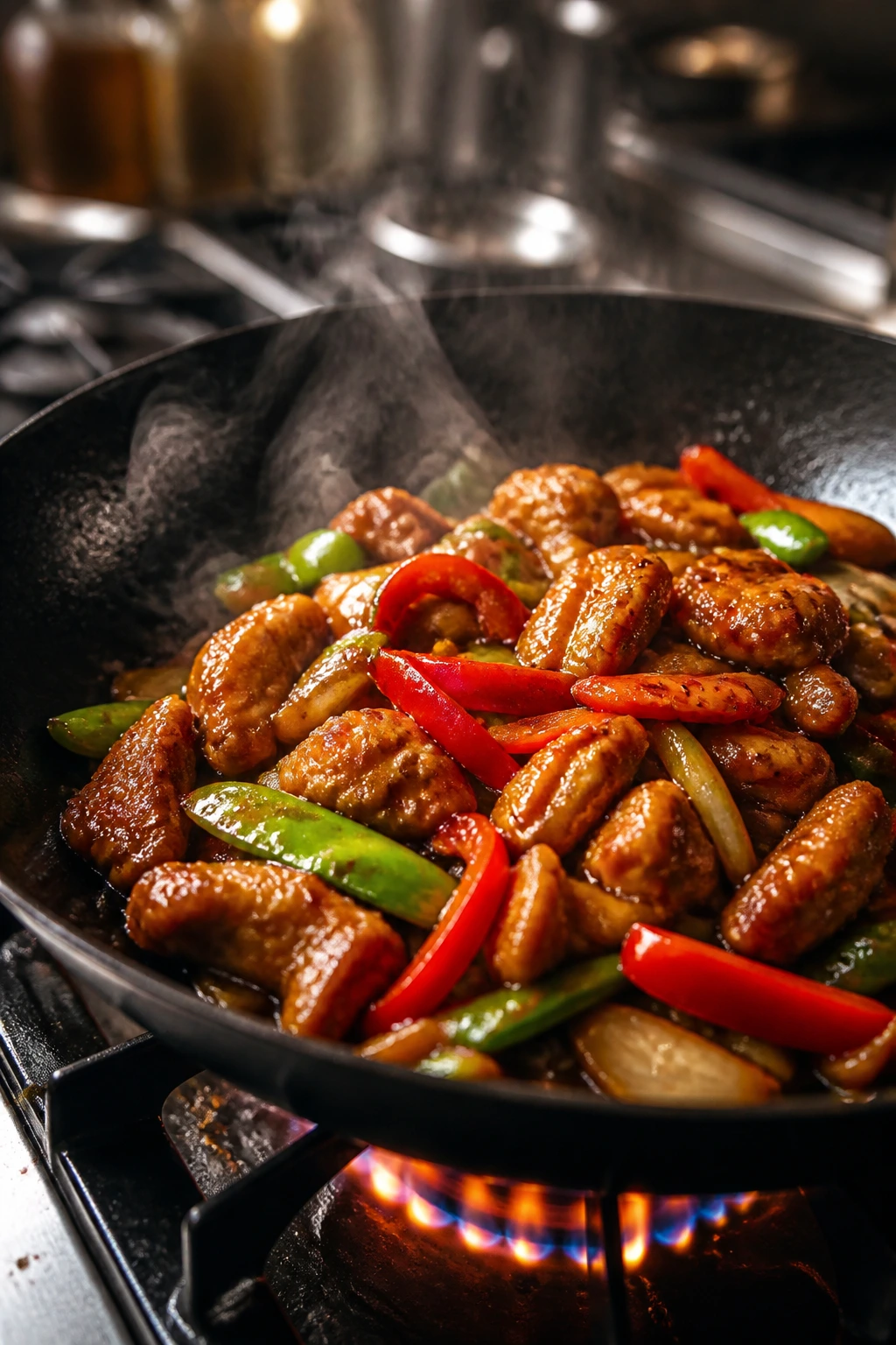 Sizzling pan of seared chicken and vegetables with glossy sauce