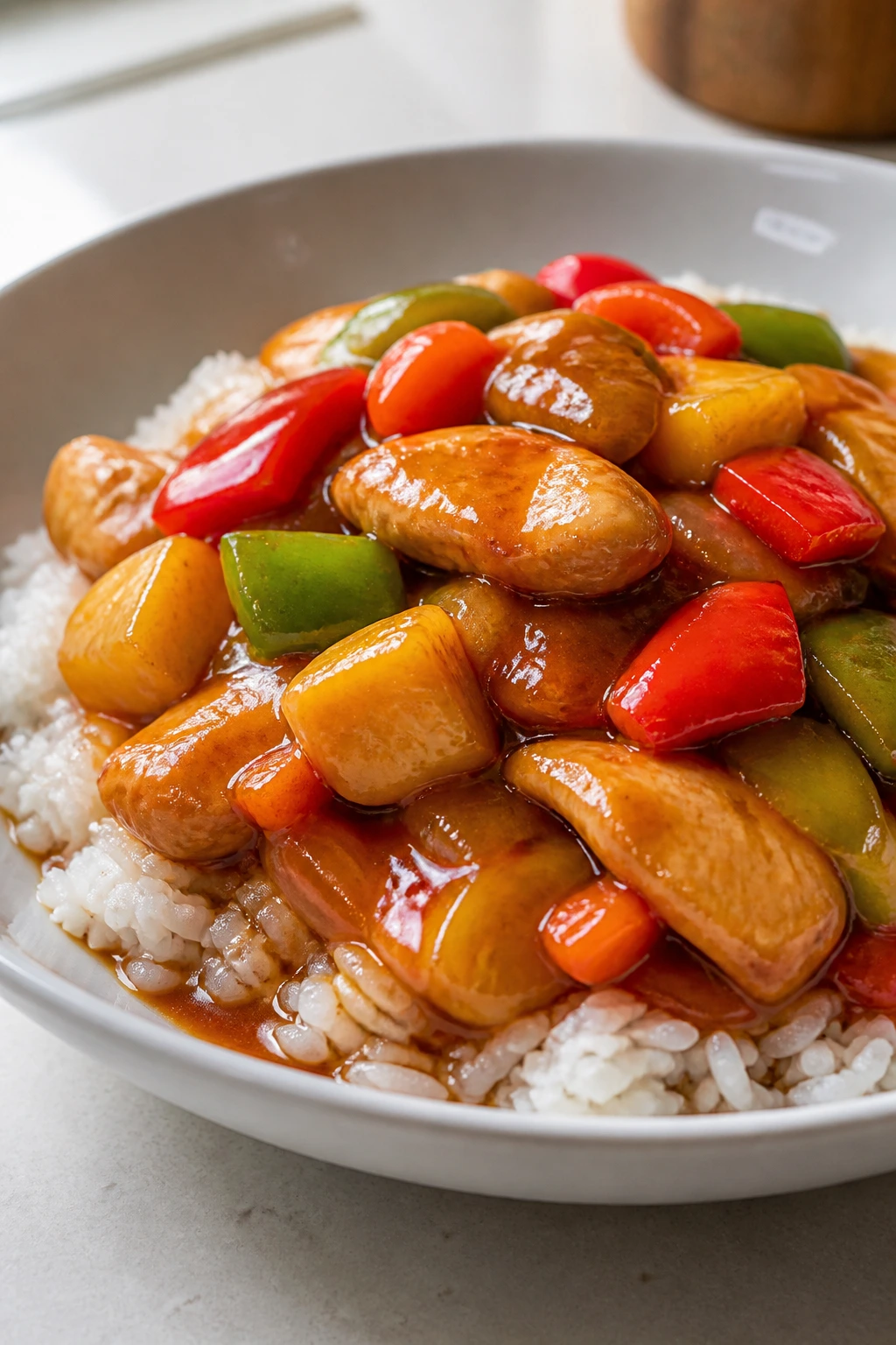 Glossy stir fry plated on jasmine rice in a bowl