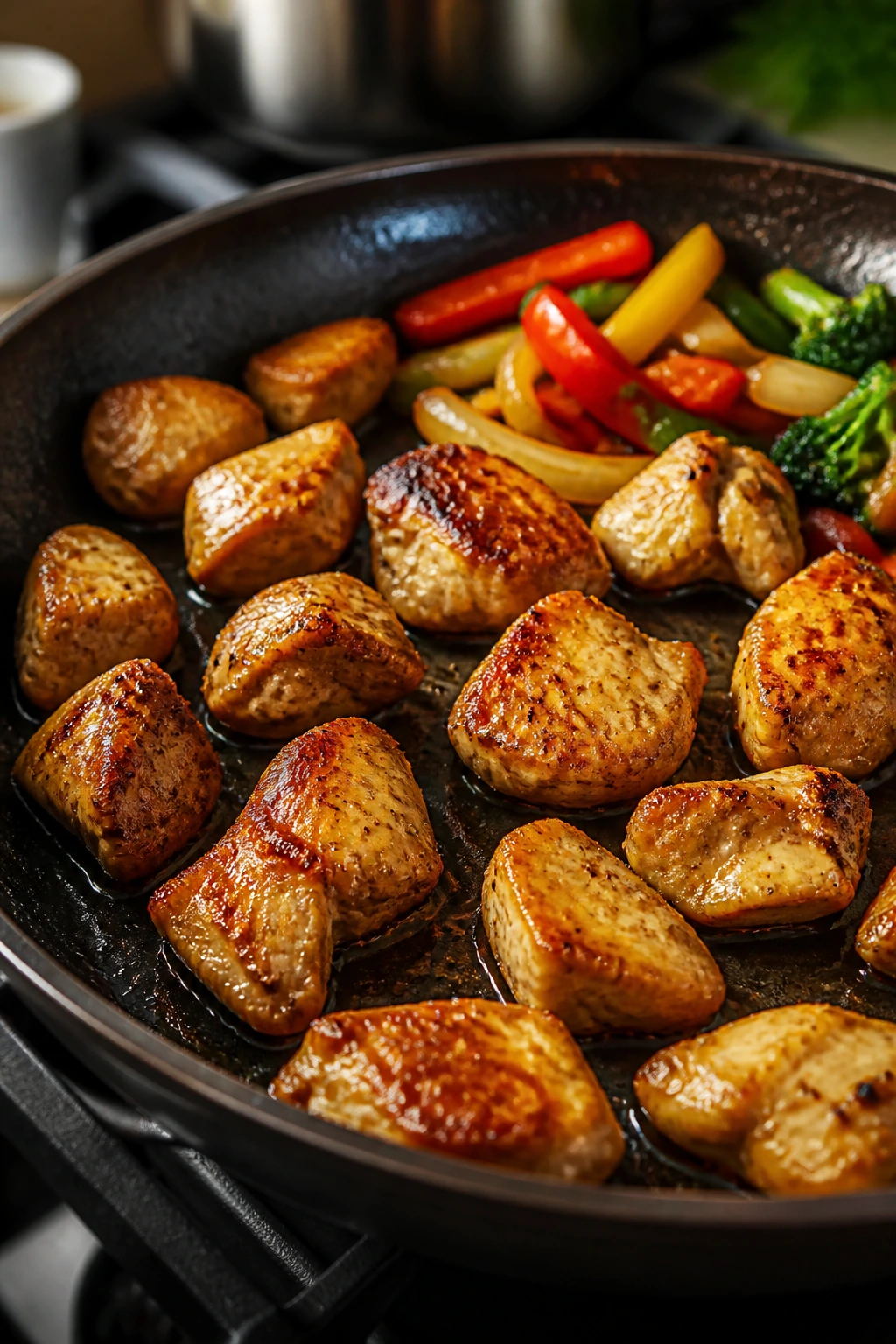 Searing chicken in a hot pan for crispy stir fry