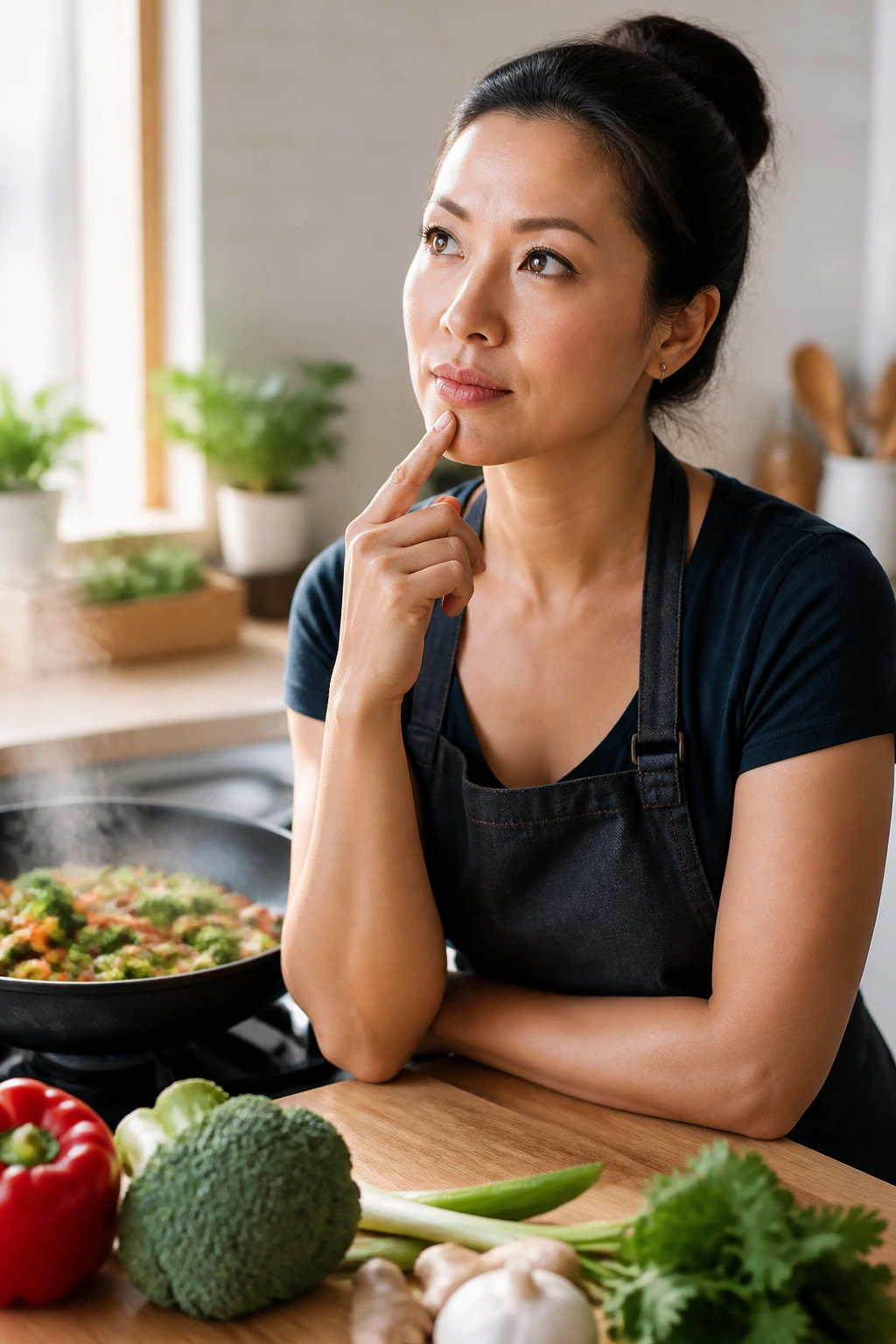 Close-up portrait of a thoughtful home cook in a bright kitchen, suggesting common stir-fry questions