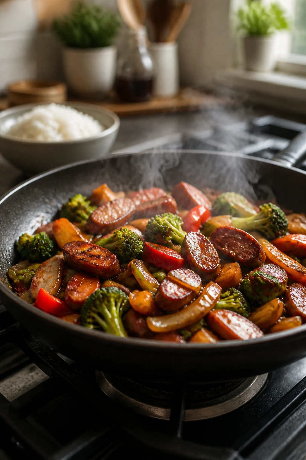 Reheated sticky sausage stir fry in a skillet with gloss and steam