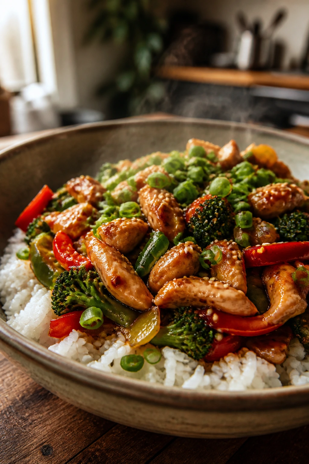 Close-up of spicy stir fry served on jasmine rice with scallions and sesame seeds in a bowl