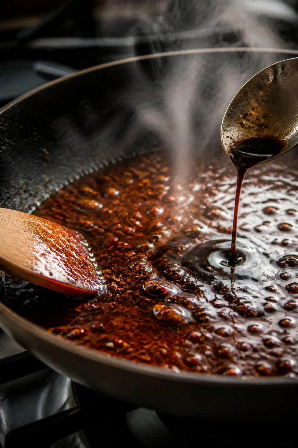 Glossy stir-fry sauce swirling in a hot pan with steam