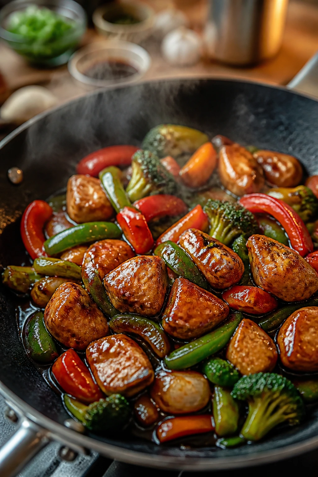Close-up of sizzling stir-fry with glossy sauce coating chicken and vegetables