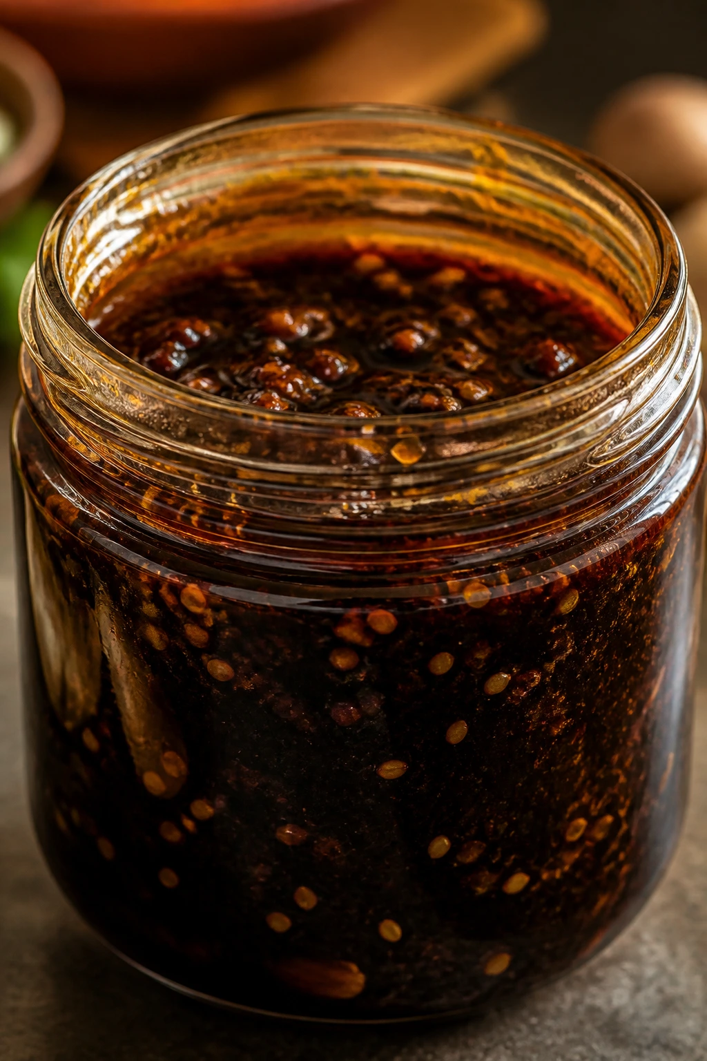 Glossy jar of sticky stir fry sauce on a kitchen counter