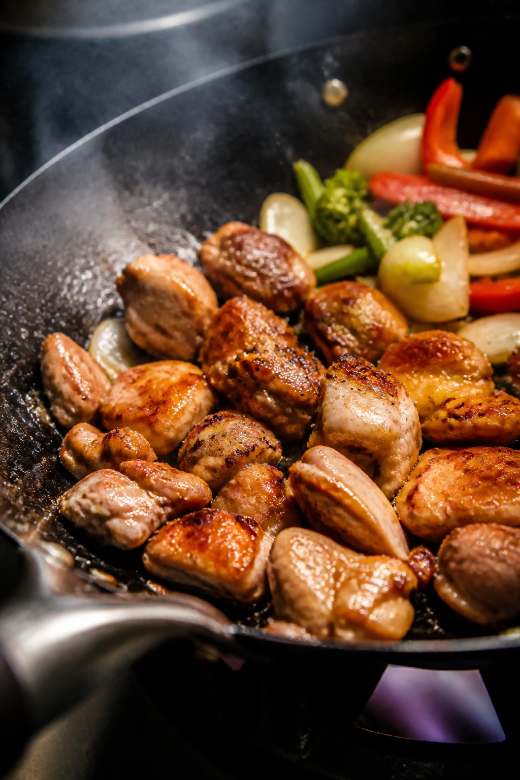 Chicken thighs searing in a hot wok with vegetables