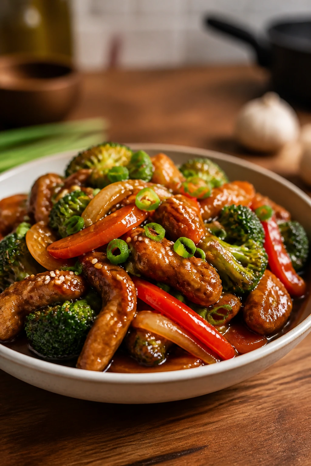 Finished stir-fry served in a shallow bowl with glossy glaze and sesame garnish