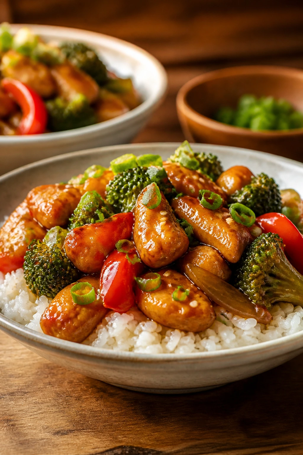 Plate of stir-fry served in a shallow bowl with sauce