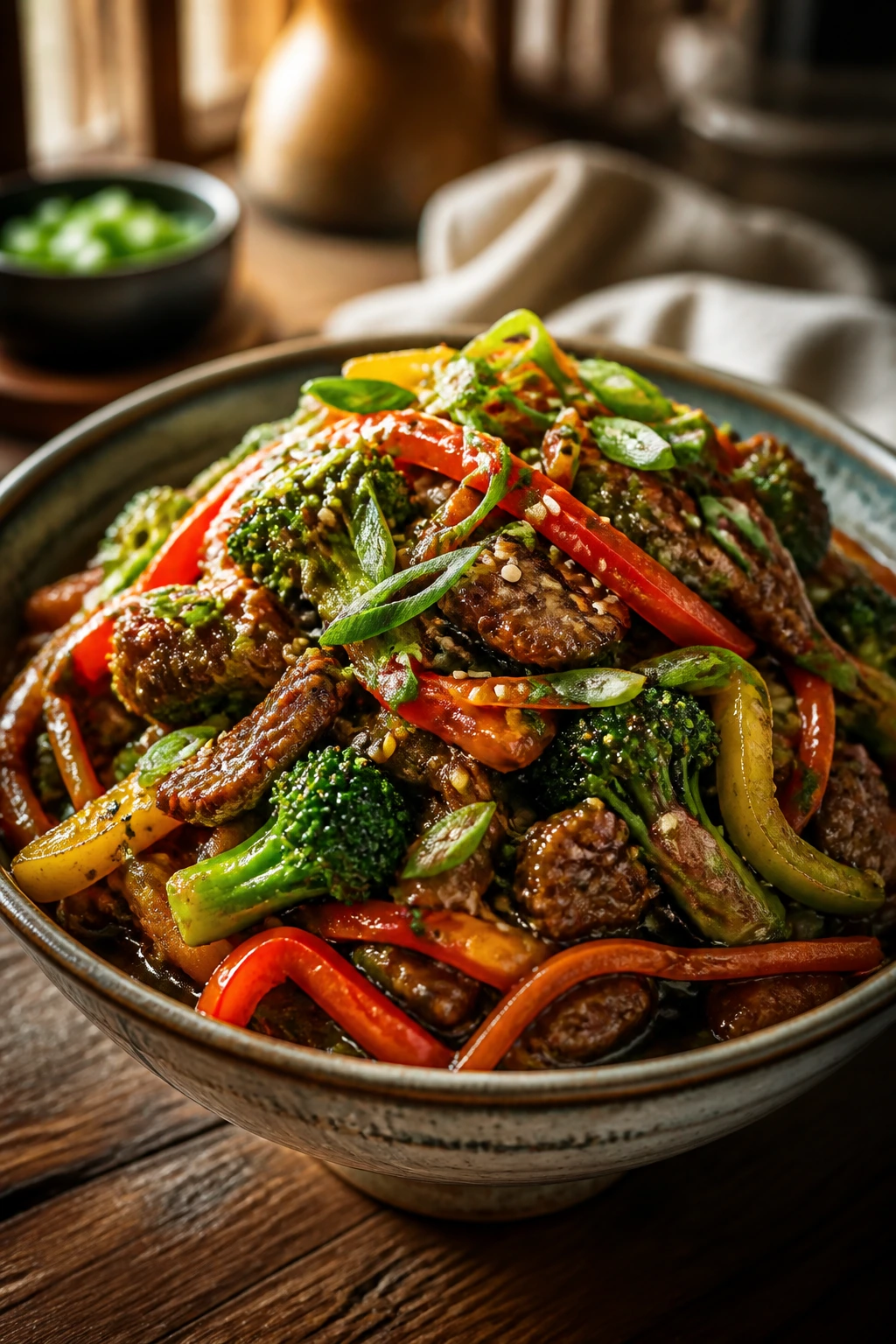 Close-up of a glossy stir-fry bowl with colorful vegetables and sesame garnish on wooden table