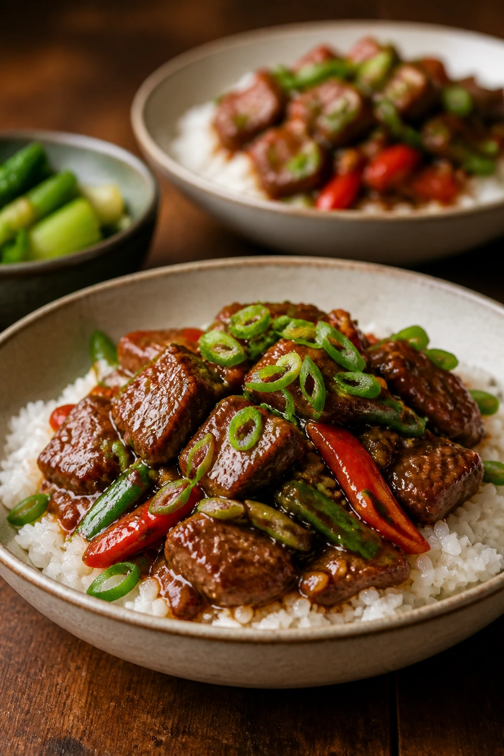 Serving bowl with stir-fry and rice on a wooden table
