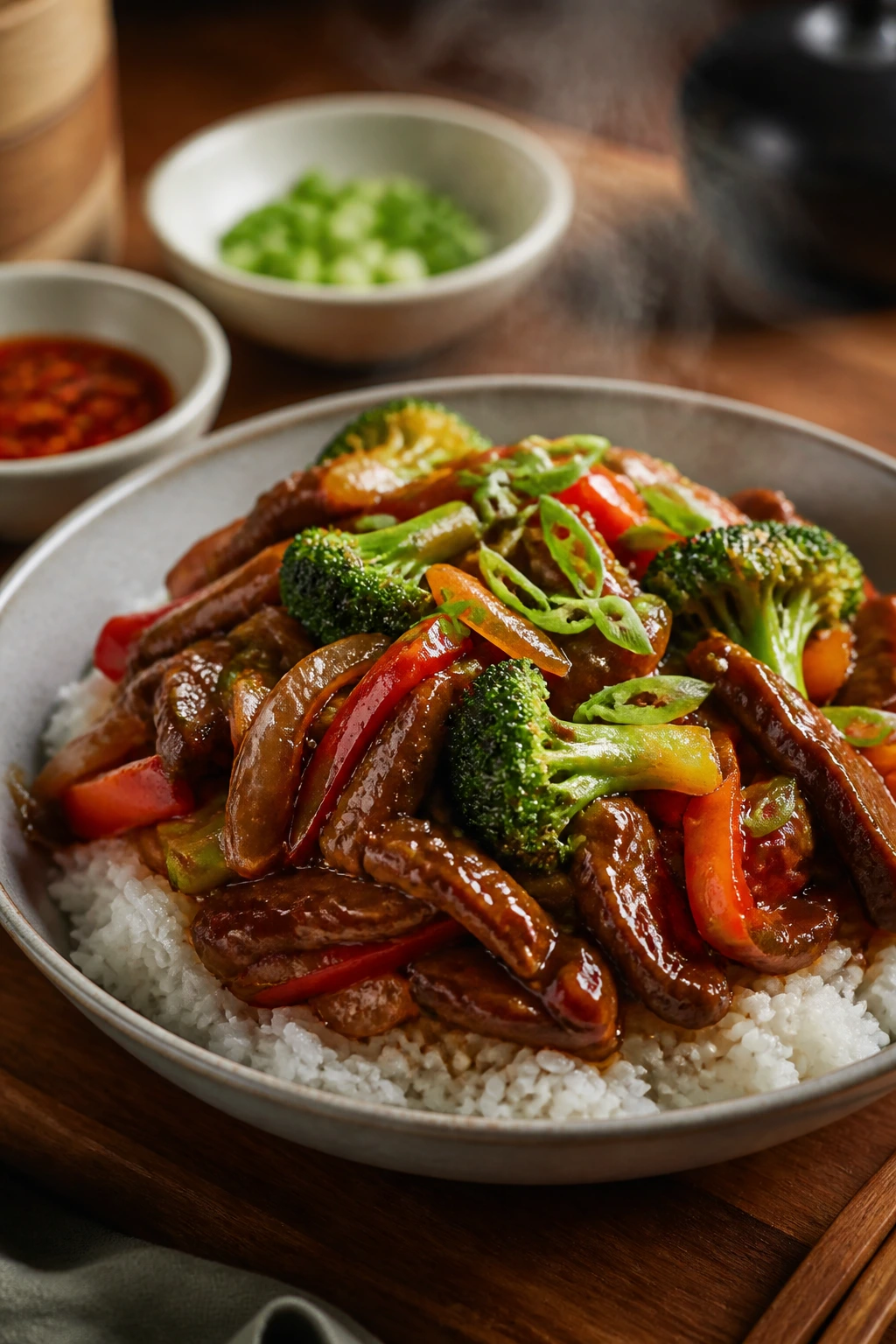 Stir-fry in a wide bowl with rice, steaming in a warm kitchen